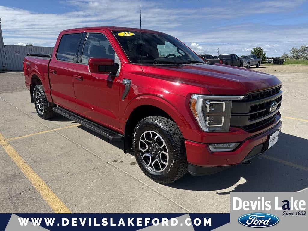 2022 Ford F-150 LARIAT in Rapid Red Metallic Tinted Clearcoat — front three-quarter view