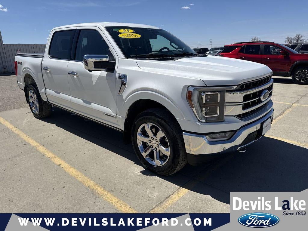 2023 Ford F-150 LARIAT in Star White Metallic Tri-Coat — front three-quarter view